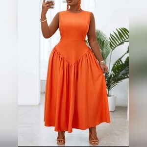 Womens Plus Solid Flare Hem Maxi Dress-Orange